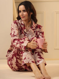 SANSKRUTIHOMES Maroon & Beige Floral Printed Pure Cotton Night Suit