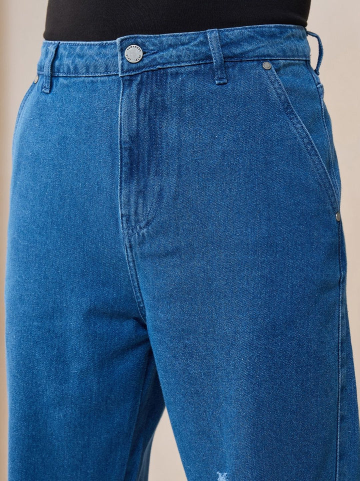 Bewakoof Men's Blue Straight Fit Distressed Mid-Rise Jeans