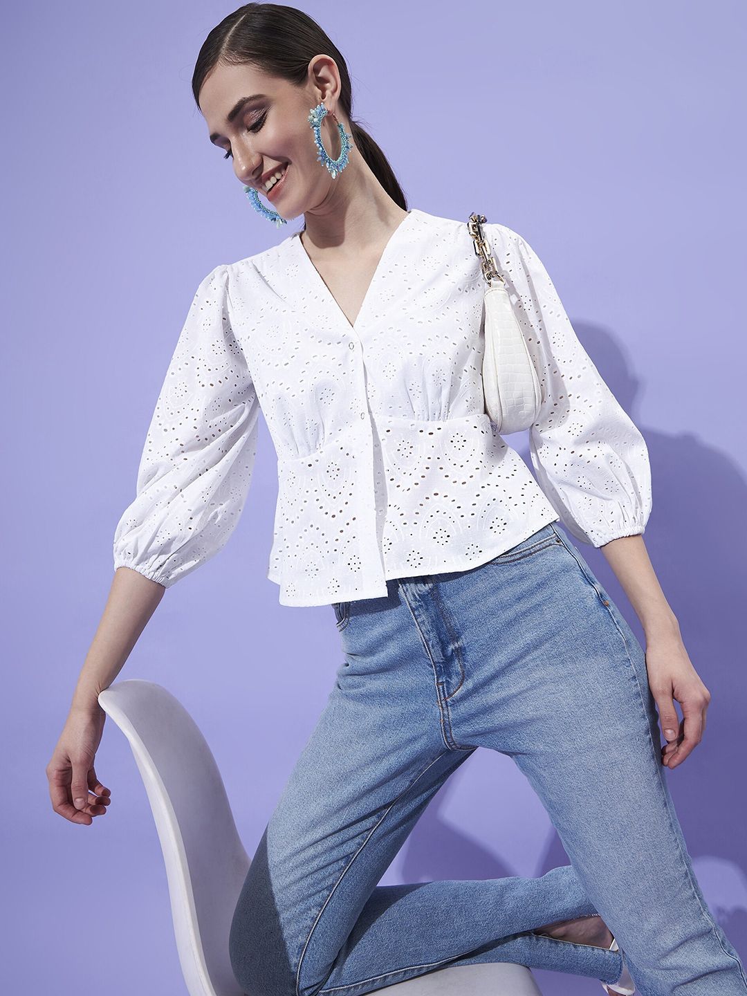 Athena V-Neck Puff Sleeves Schiffli Empire Top