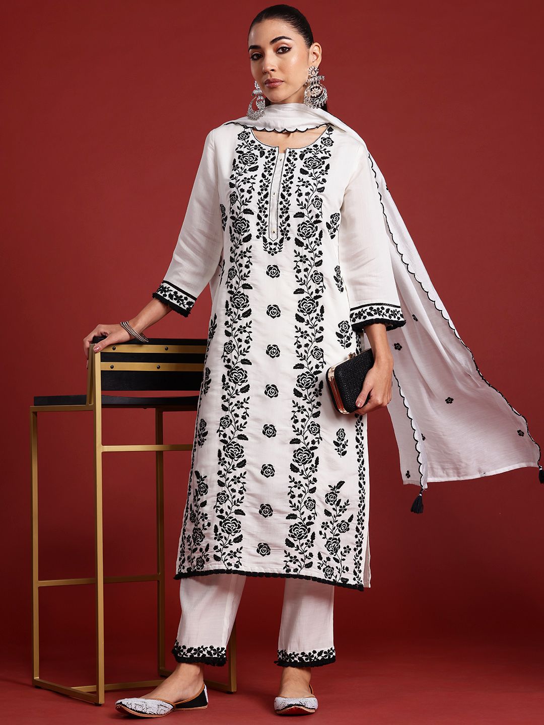 Indo Era Floral Embroidered Thread Work Kurta With Trousers & Dupatta