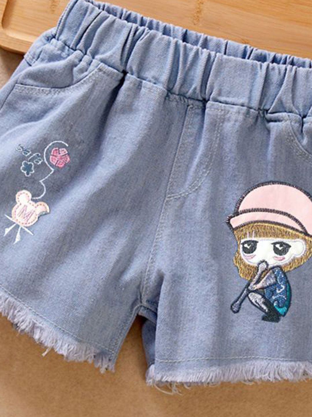 YK Girls Embellished Washed Denim Shorts