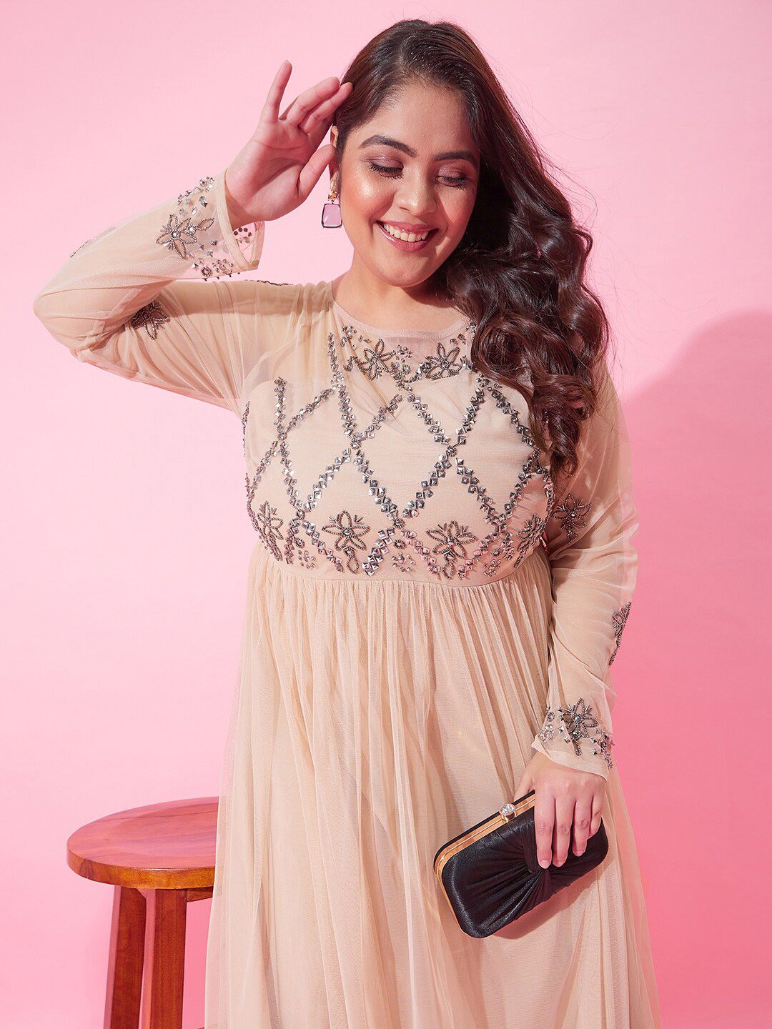 CURVY STREET Embellished Fit & Flare Net Dress