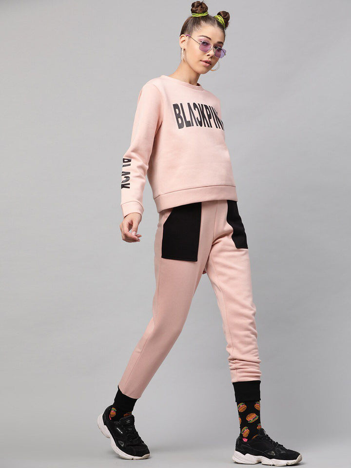 STREET 9 Women Pink & Black Colourblocked Slim Fit Solid Joggers