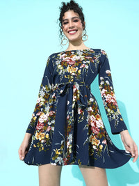 Berrylush Women Navy Blue Floral Self Belted Mini Fit & Flare Dress