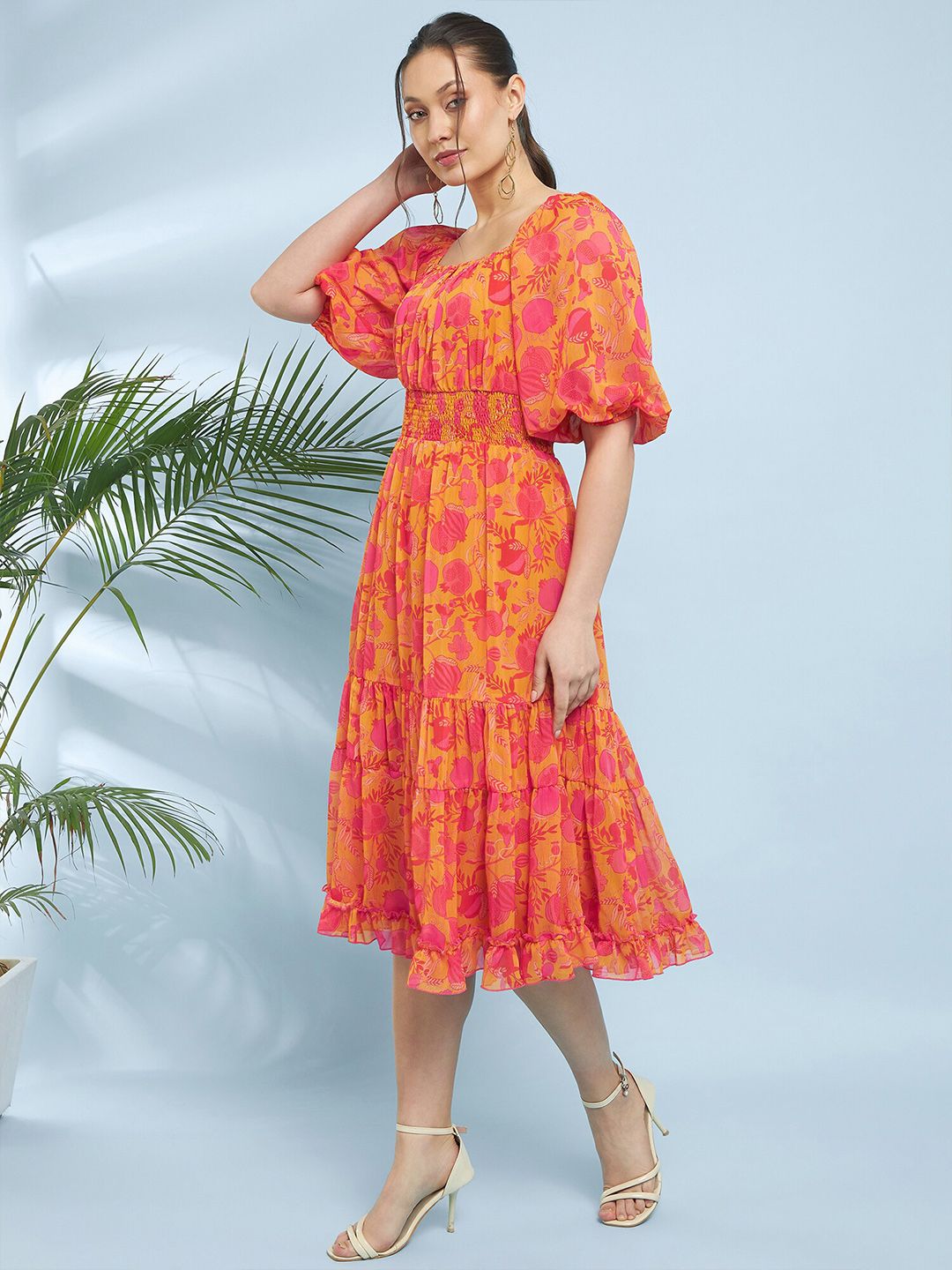 Antheaa Yellow Floral Printed Square Neck Puff Sleeve Chiffon Fit & Flare Midi Dress