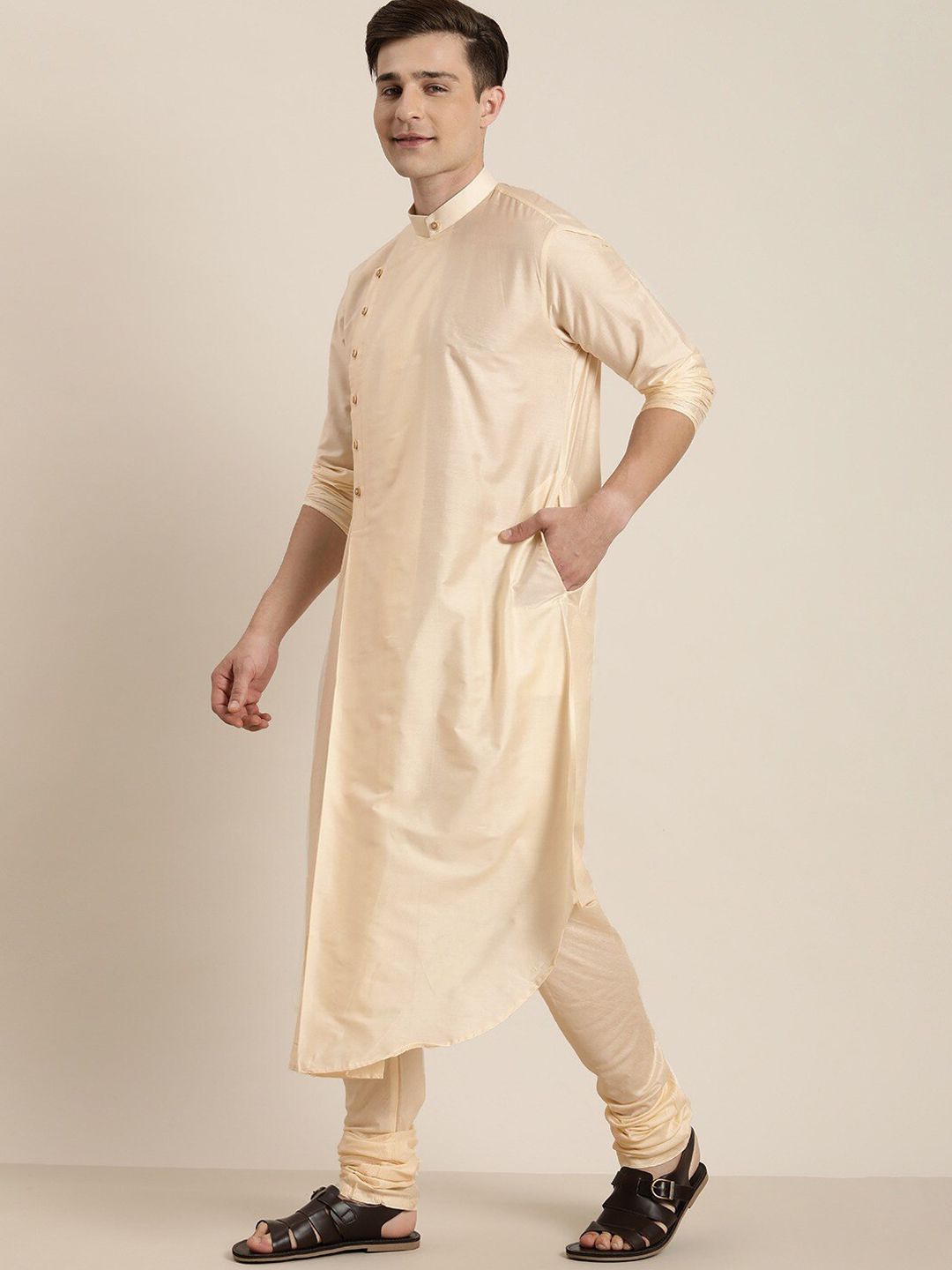 VASTRAMAY Men Cream-Coloured Angrakha Kurta