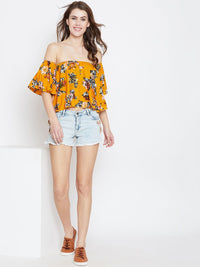Berrylush Women Mustard Floral Printed Bardot Top