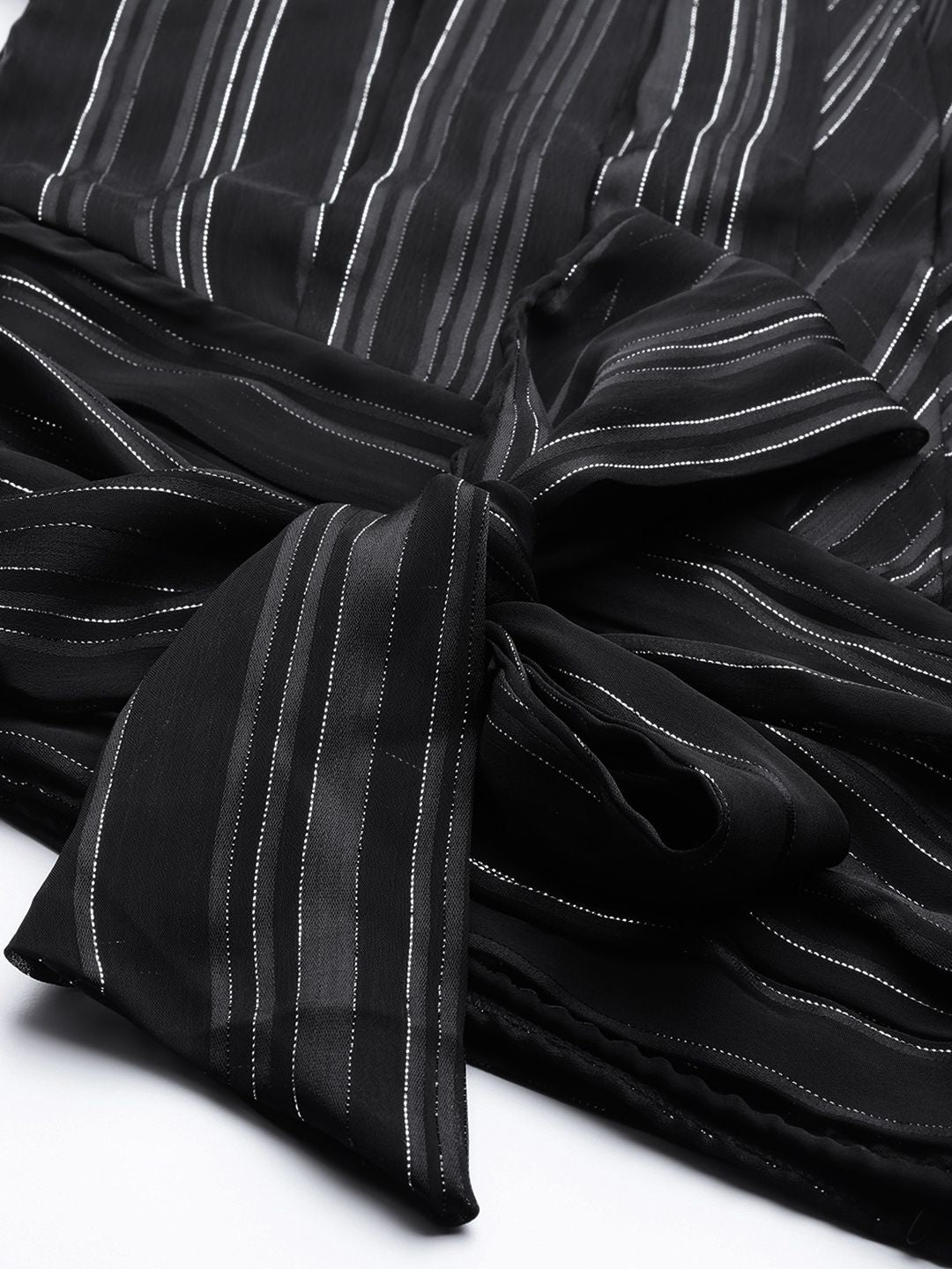 Sassafras Black & Silver Striped One Shoulder Puff Sleeves Cinched Waist Crop Top