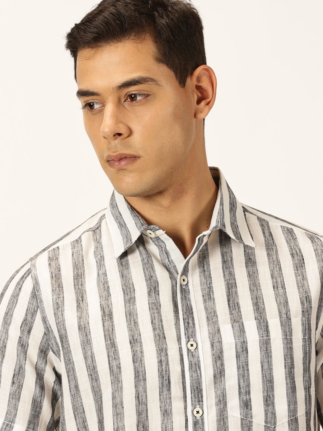 Thomas Scott Men Premium Vertical Stripes Cotton & Linen Casual Shirt