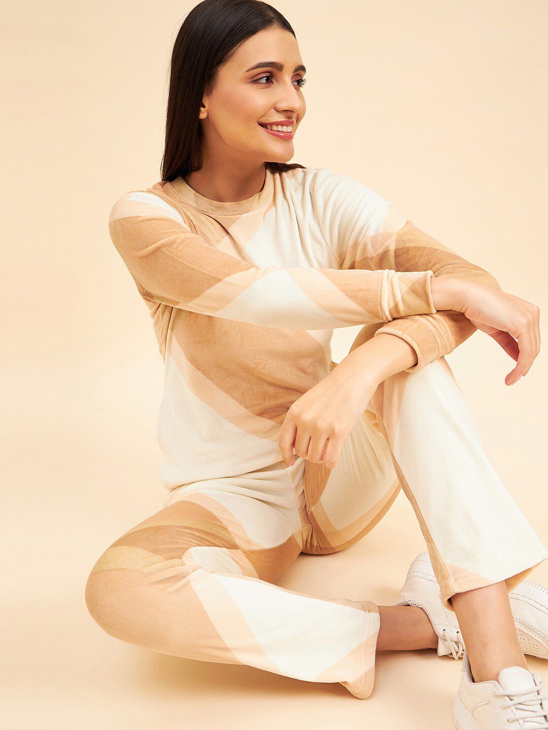 Sweet Dreams Beige & White Colourblocked Mid-Rise Tracksuits