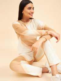 Sweet Dreams Beige & White Colourblocked Mid-Rise Tracksuits