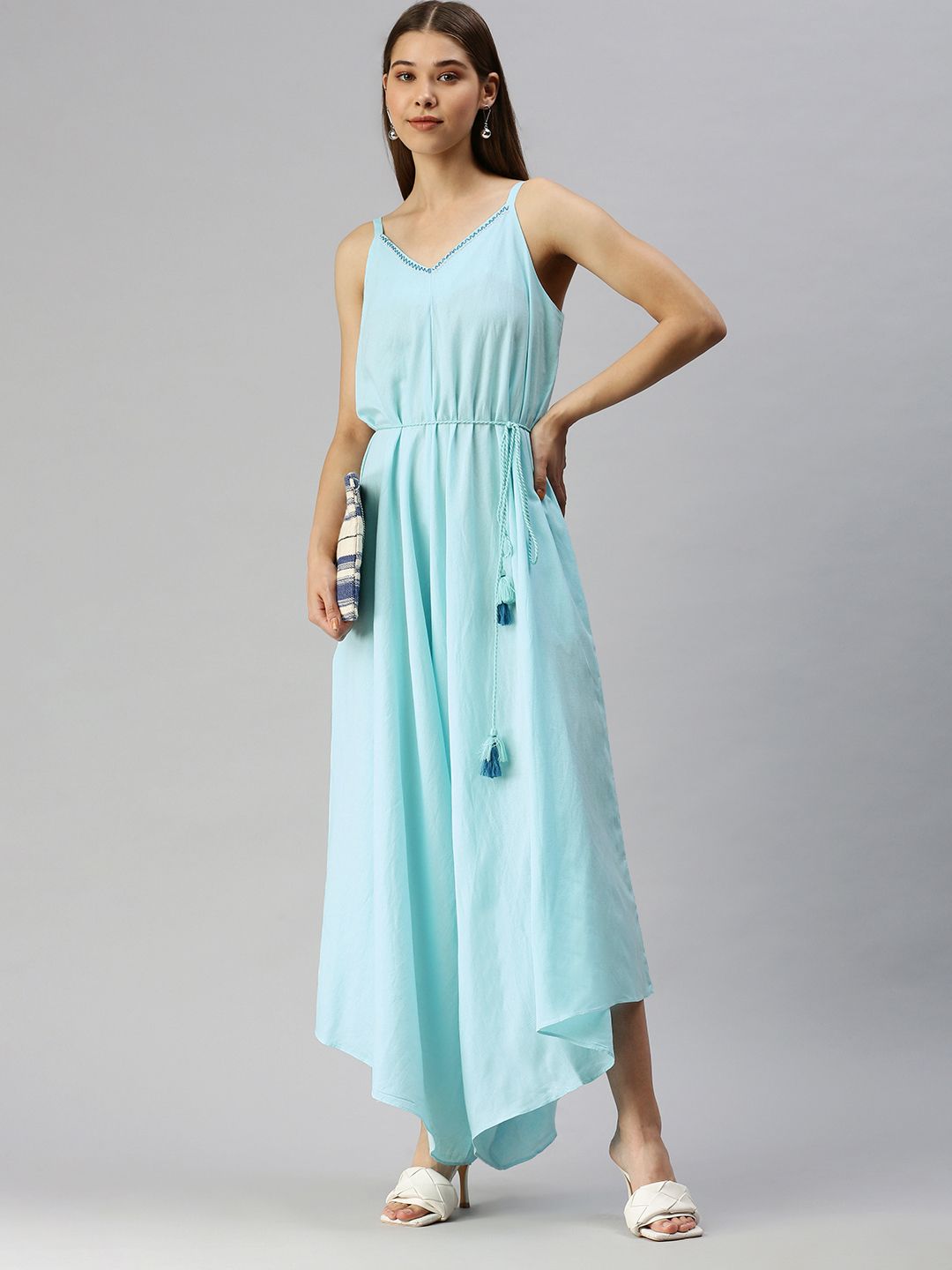 Global Desi Powder Blue Solid Sleeveless Casual Basic Jumpsuit