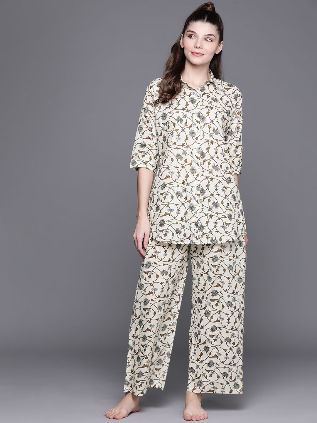 Libas White Cotton Printed Shirt And White Cotton Printed Pyjamas With Both Side Pocket