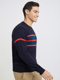 Raymond Men Navy Blue & Red Striped Pullover