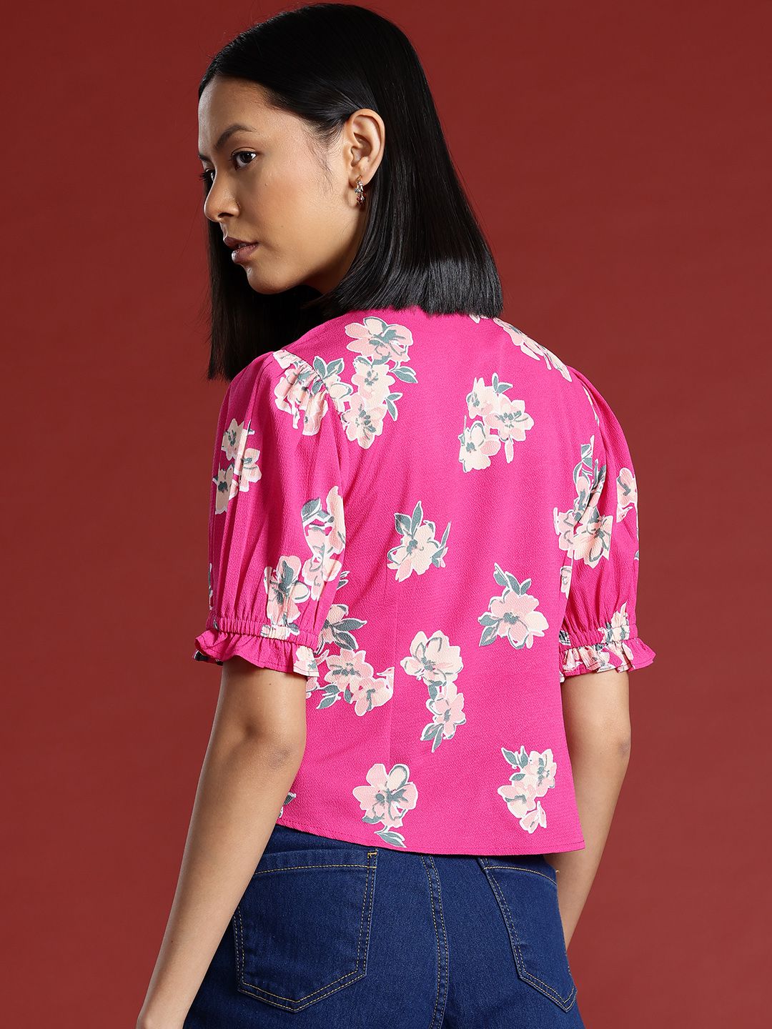 all about you Floral Printed Top with Puff Sleeves