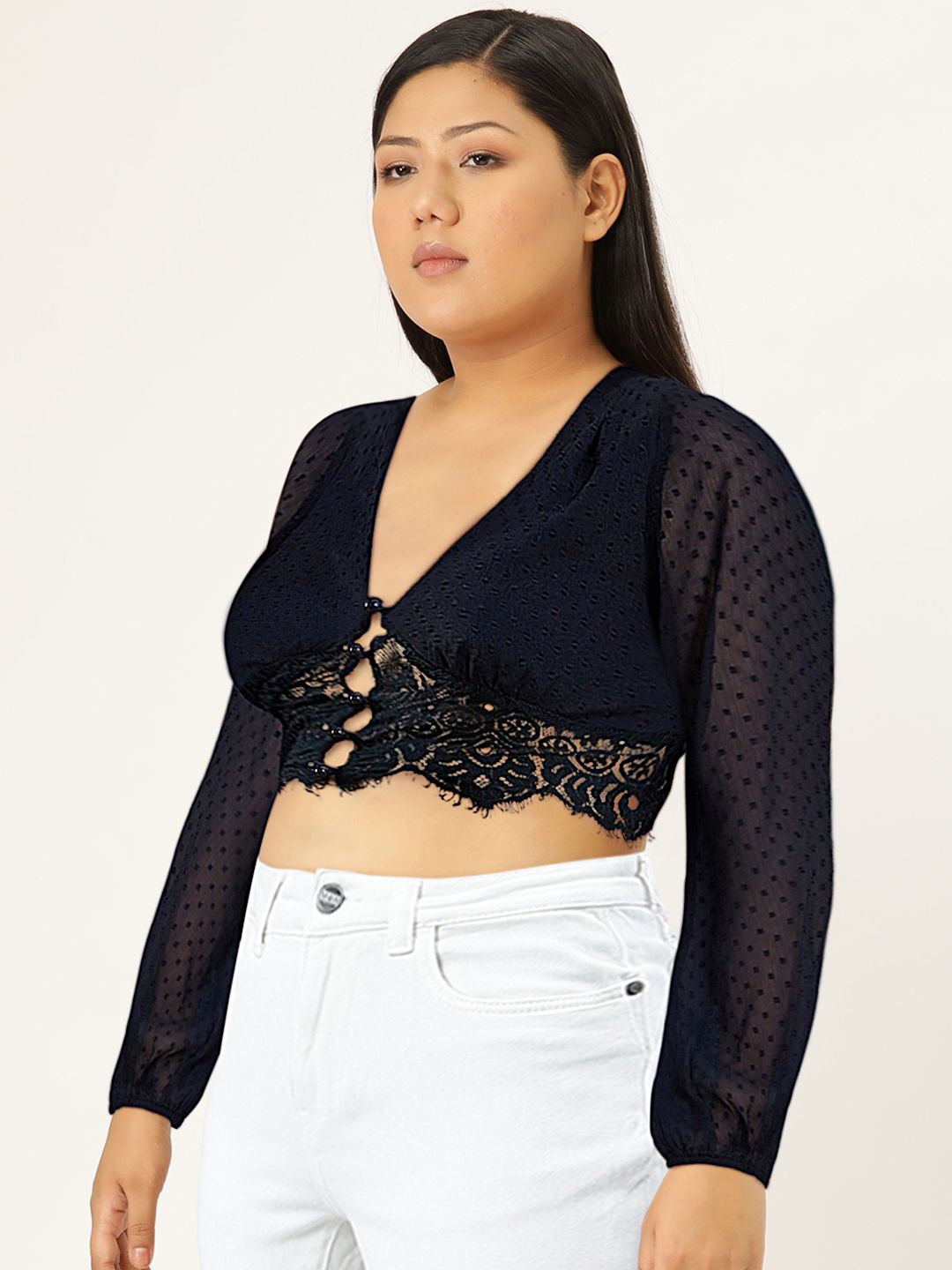Berrylush V-Neck Bishop Sleeves Lace Inserts Bralette Crop Top