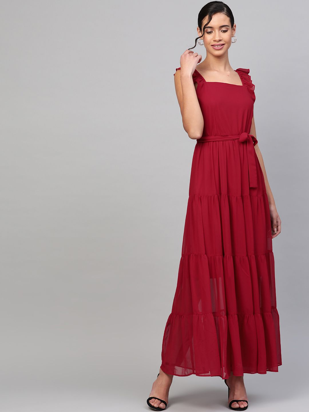 SASSAFRAS Maroon Tiered Maxi Dress