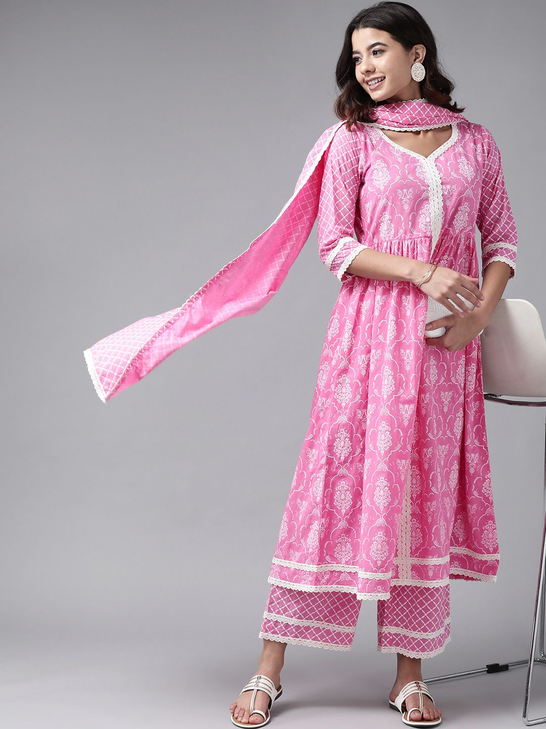 Libas Women Pink Ethnic Motifs Printed Regular Pure Cotton Kurta with Palazzos & With Dupatta