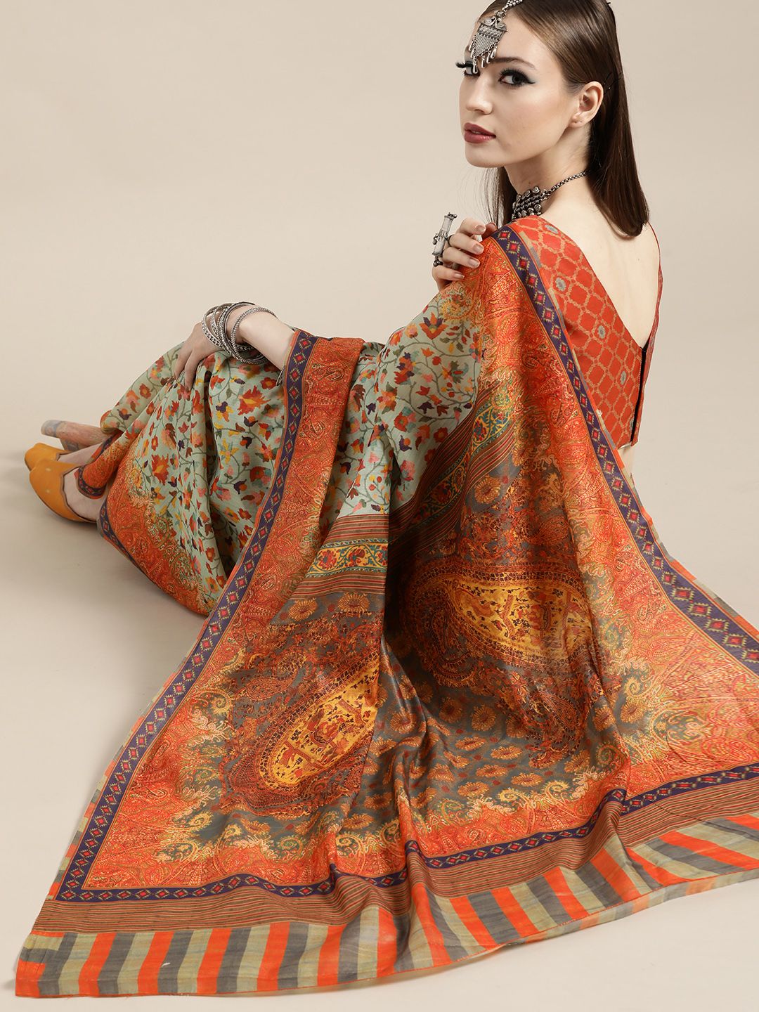 Saree mall Sea Green & Orange Paisley Pochampally Sarees