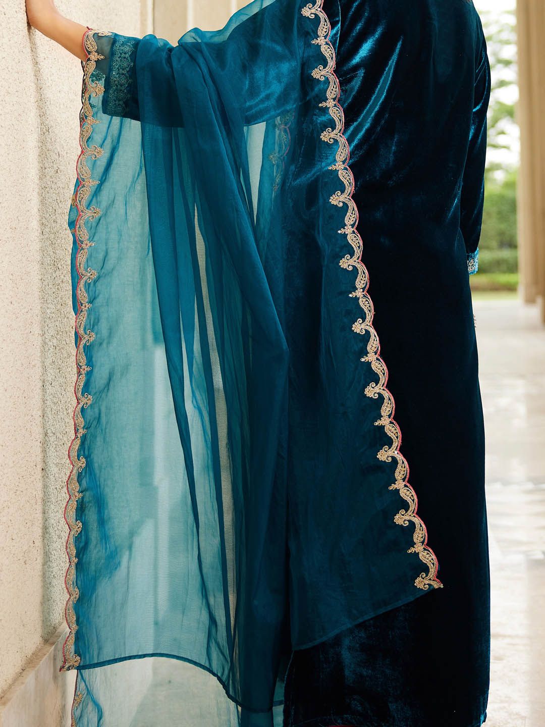 Indo Era Women Ethnic Motifs Embroidered Regular Sequinned Velvet Kurta with Trousers & With Dupatta