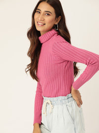 DressBerry Women Pink Self-Striped Pullover Sweater