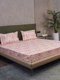URBAN SPACE Peach-Coloured Printed Cotton 200 TC Single Bedsheet With 2 Pillow Covers