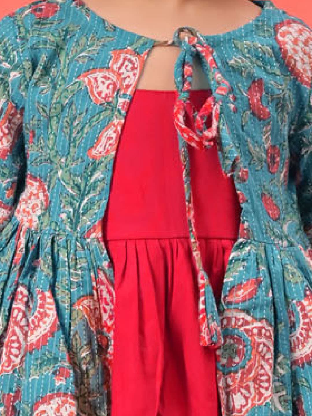 VASTRAMAY Girls Cotton Dress With Printed Jacket