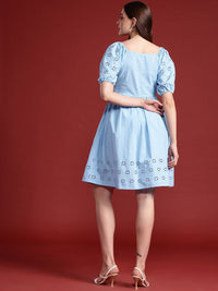 all about you Cotton Schiffli Embroidered Detail Puff Sleeves A-Line Dress