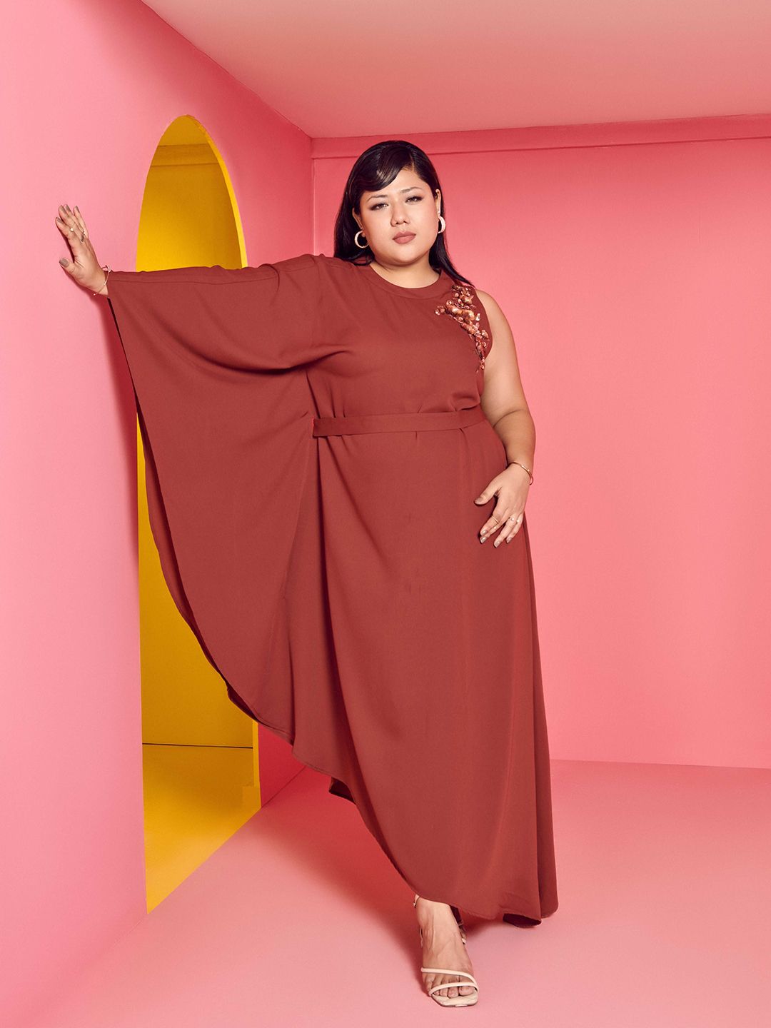 Mamicha Solid Flared Sleeve Crepe Empire Maxi Dress