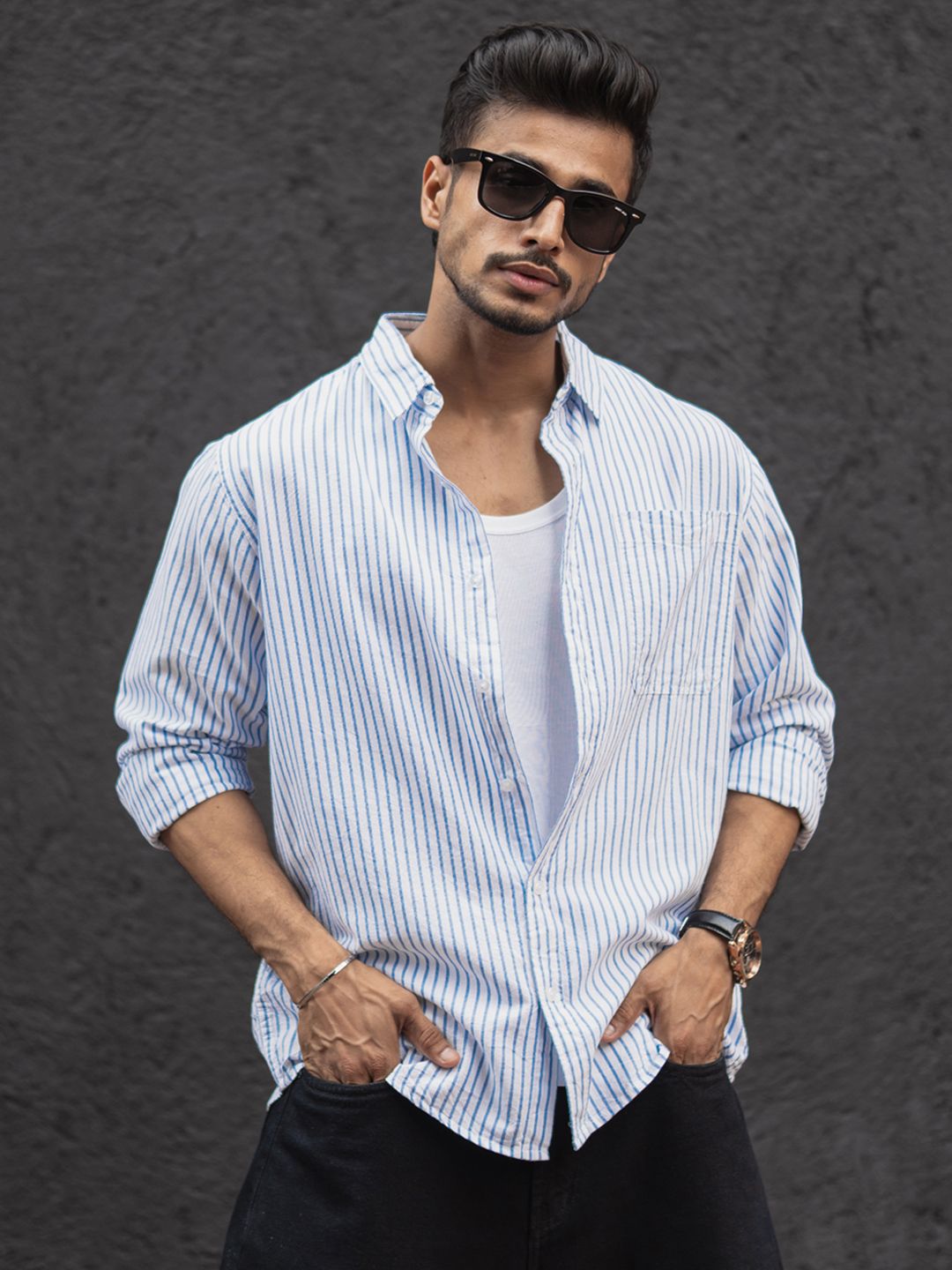 Powerlook Spread Collar Vertical Striped Pure Cotton Casual Shirt