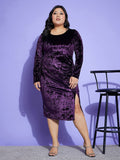 SASSAFRAS Curve Purple Plus Size Long Sleeves Velvet Ruched Sheath Dress