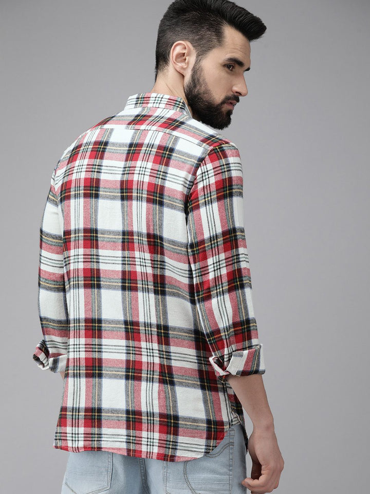 THE BEAR HOUSE Men White & Red Slim Fit Checked Cotton Flannel Casual Shirt