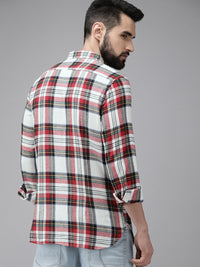 THE BEAR HOUSE Men White & Red Slim Fit Checked Cotton Flannel Casual Shirt