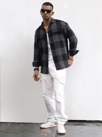 Powerlook Black India Slim Oversized Buffalo Checks Opaque Pure Cotton Casual Shacket