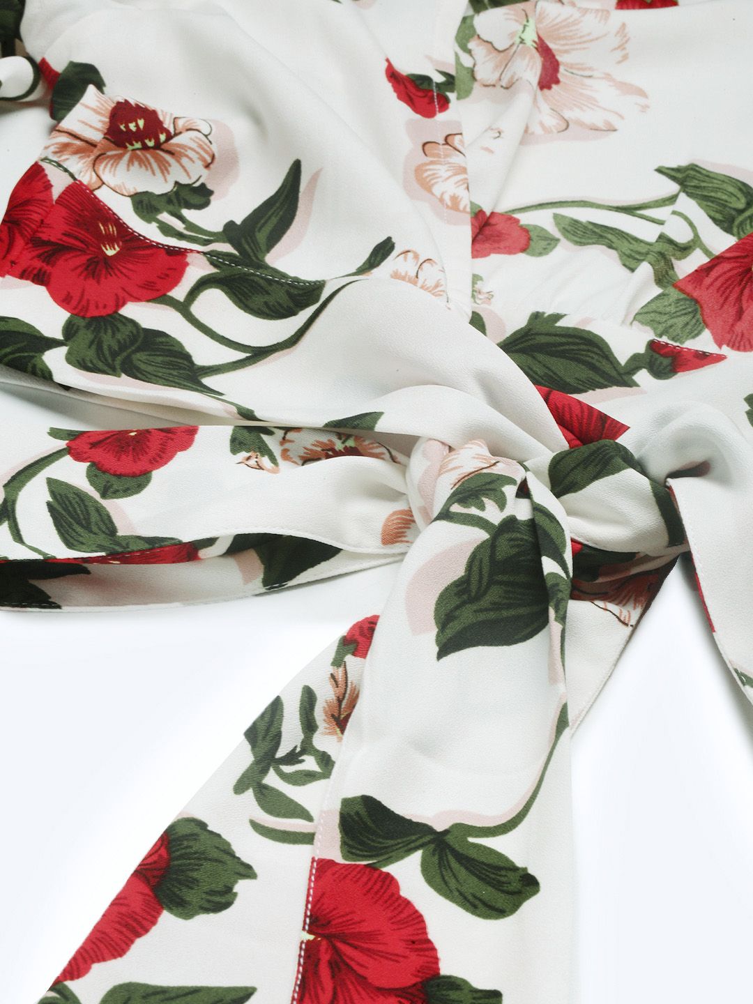 Berrylush White & Red Floral Printed Flutter Sleeves Styled Back Crop Top