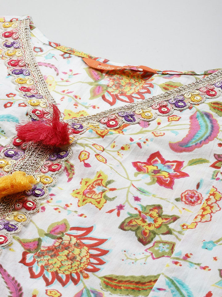 Indo Era Floral Printed Sequinned Pure Cotton Kurta With Trousers & Dupatta