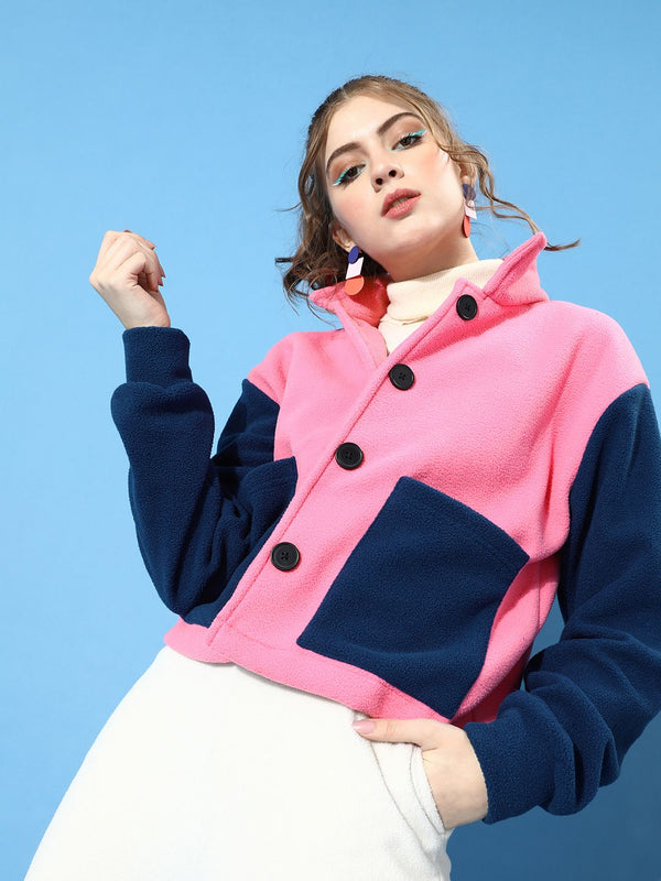 STREET 9 Women Pretty Pink Colourblocked Fleece Tailored Jacket