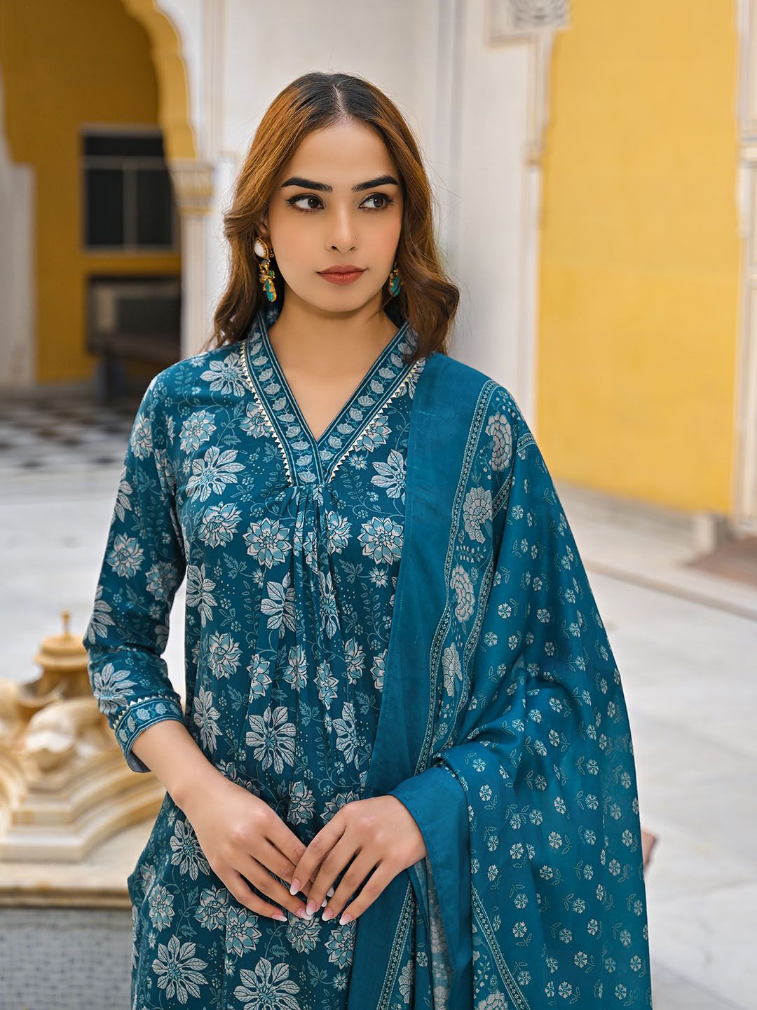 KALINI Floral Printed Pleated Kurta with Trouser & Dupatta