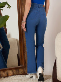 Berrylush Blue Women Bootcut High-Rise Mildly Distressed Stretchable Light Fade Jeans