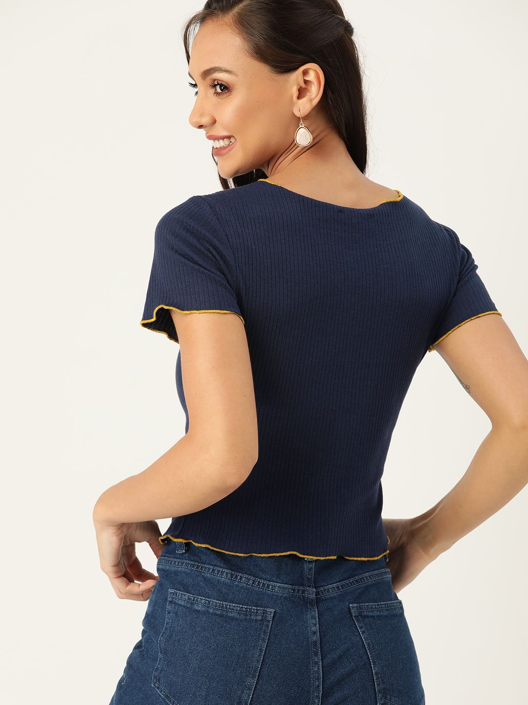 DressBerry Women Navy Blue Solid Ribbed Regular Top