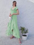 Athena Green V-Neck Flared Sleeve Ruffled Georgette Maxi Dress