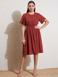 DENNISON Rust Crepe Fit & Flare Smocked Dress