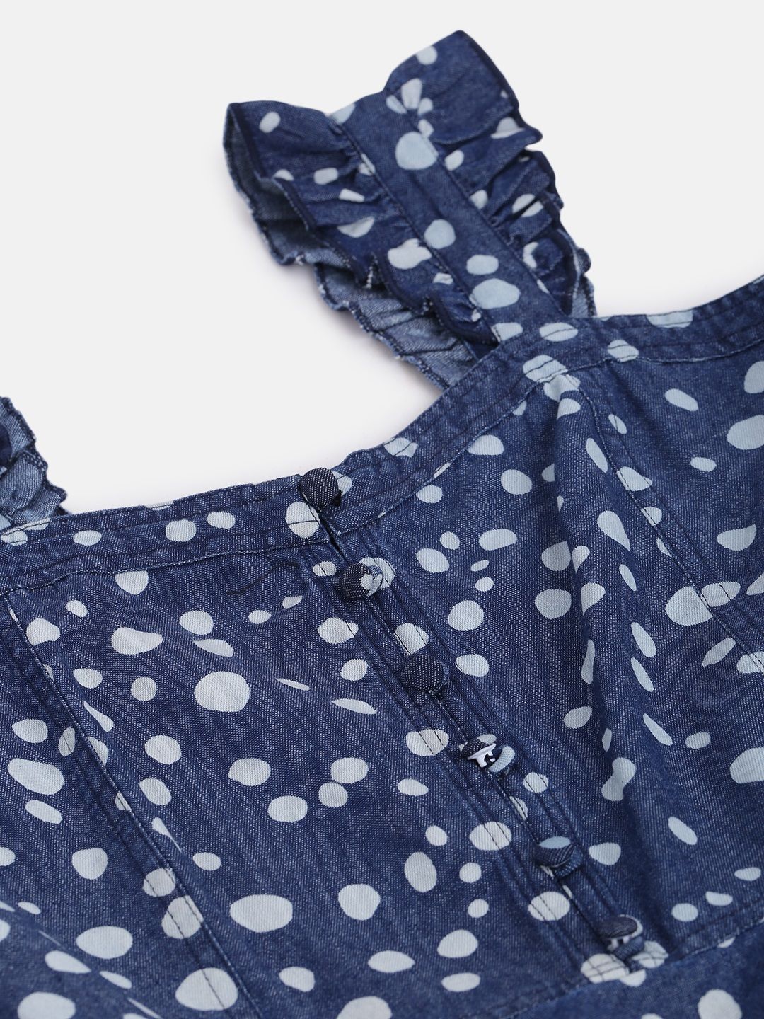 Antheaa Navy Blue & White Printed Smocked Denim Top