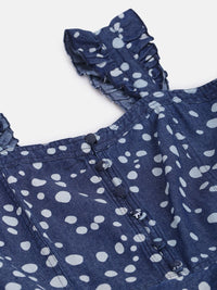 Antheaa Navy Blue & White Printed Smocked Denim Top