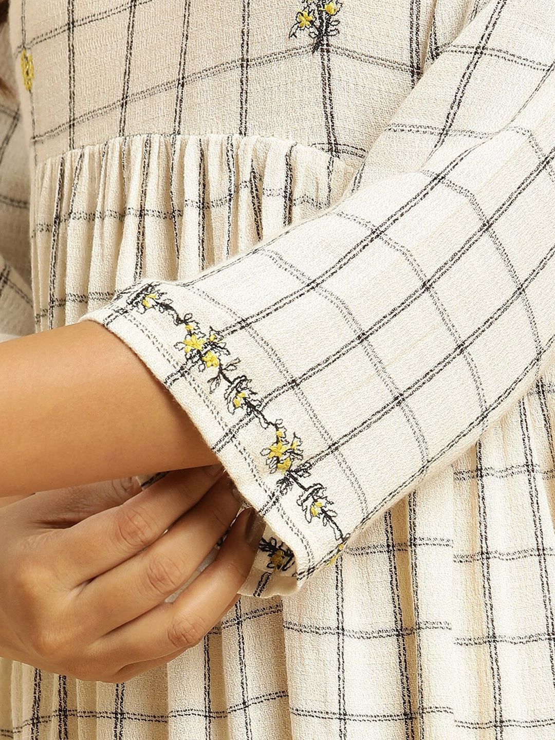 W Checked Round Neck A-Line Midi Dress