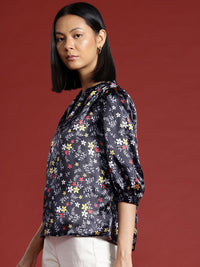 all about you Floral Print Satin Finish Mandarin Collar Puff Sleeve Top