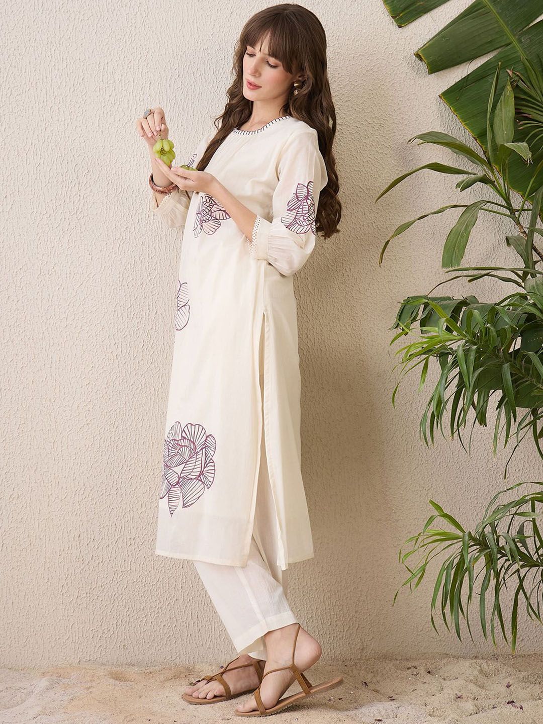 Indo Era Floral Printed Pleated Round Neck Pure Cotton A-Line Kurta With Trousers