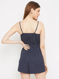 Berrylush Navy Blue & White Polka Dots Printed Cut-Out Playsuit