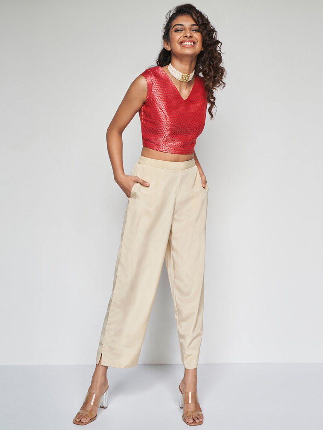 Global Desi Self Design V-Neck Sleeveless Top