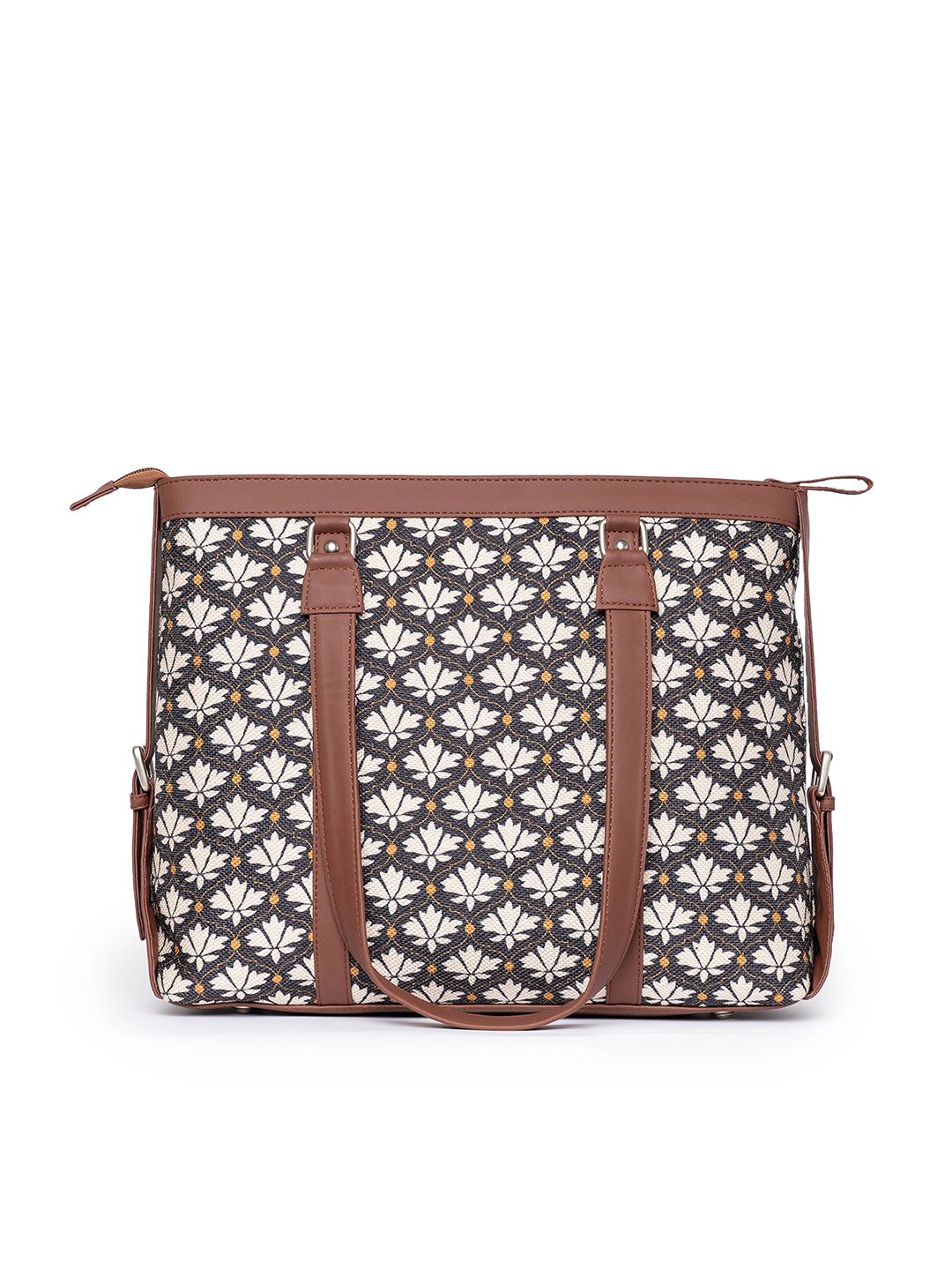 ZOUK Black Floral Print Structured Laptop HandTote Bag